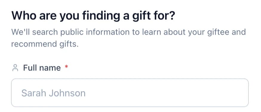 Joybot giftee search form asking who you are finding a gift for
